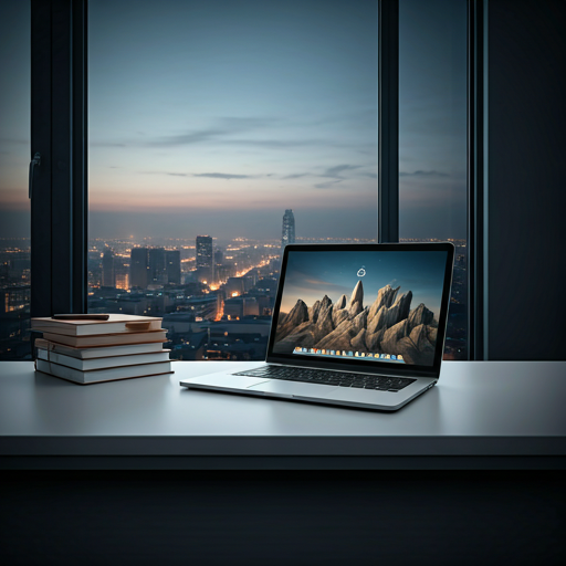 A laptop and a stack of books on a desk overlooking a city skyline at dusk
