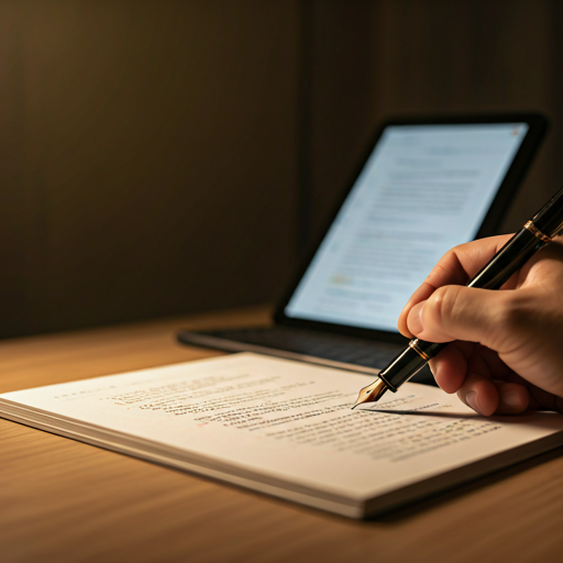 Hand writing with a fountain pen next to a tablet