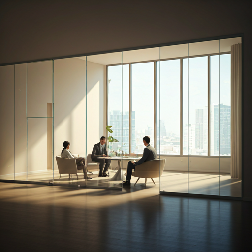 Team meeting in a glass-walled office overlooking the city skyline