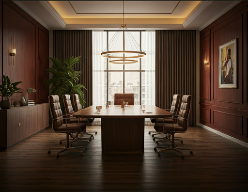 Executive boardroom with a long conference table and gold ring chandelier