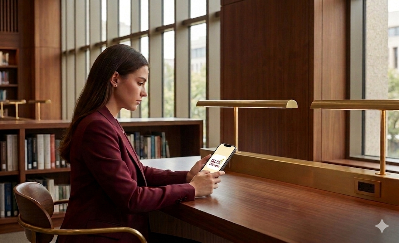 A learner preparing for IELTS on the IELTS Ultimate app in a study library